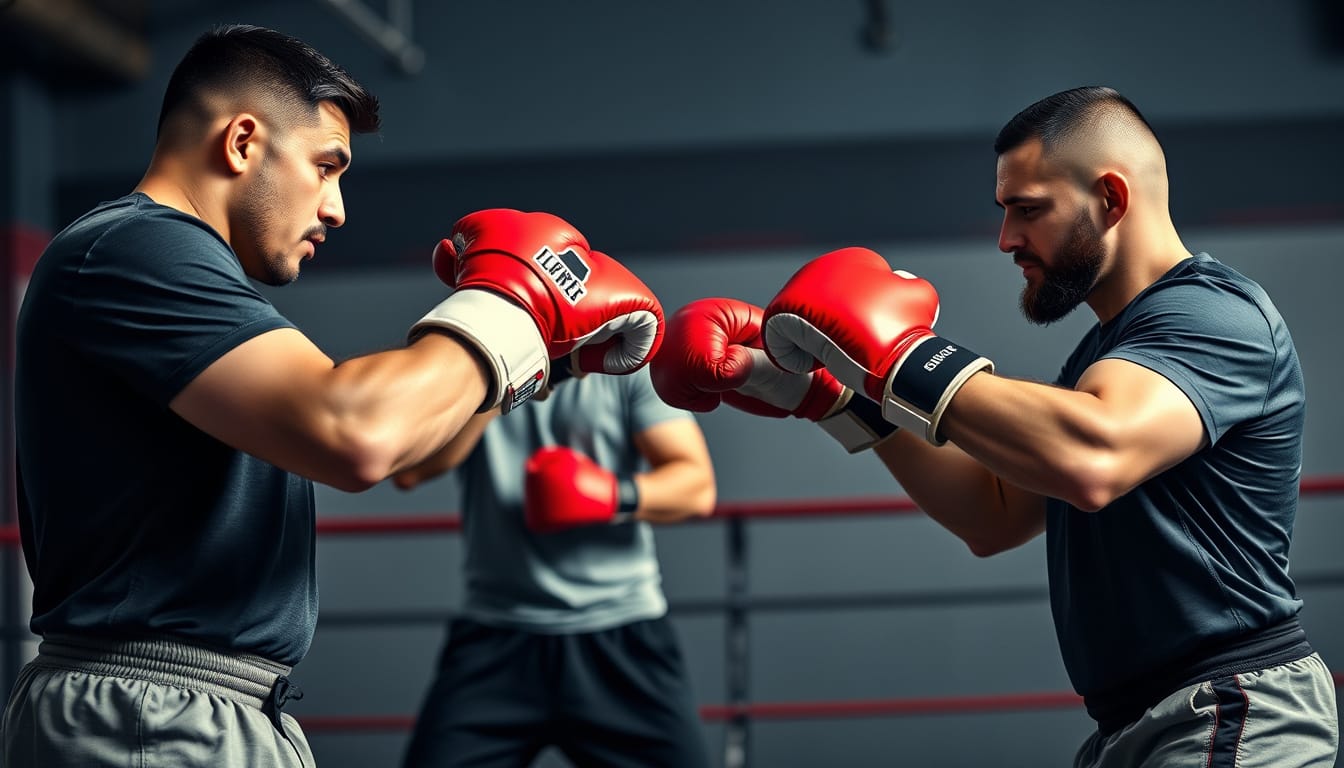  A dynamic scene of trainers guiding beginners with traditional gloves and knee strikes