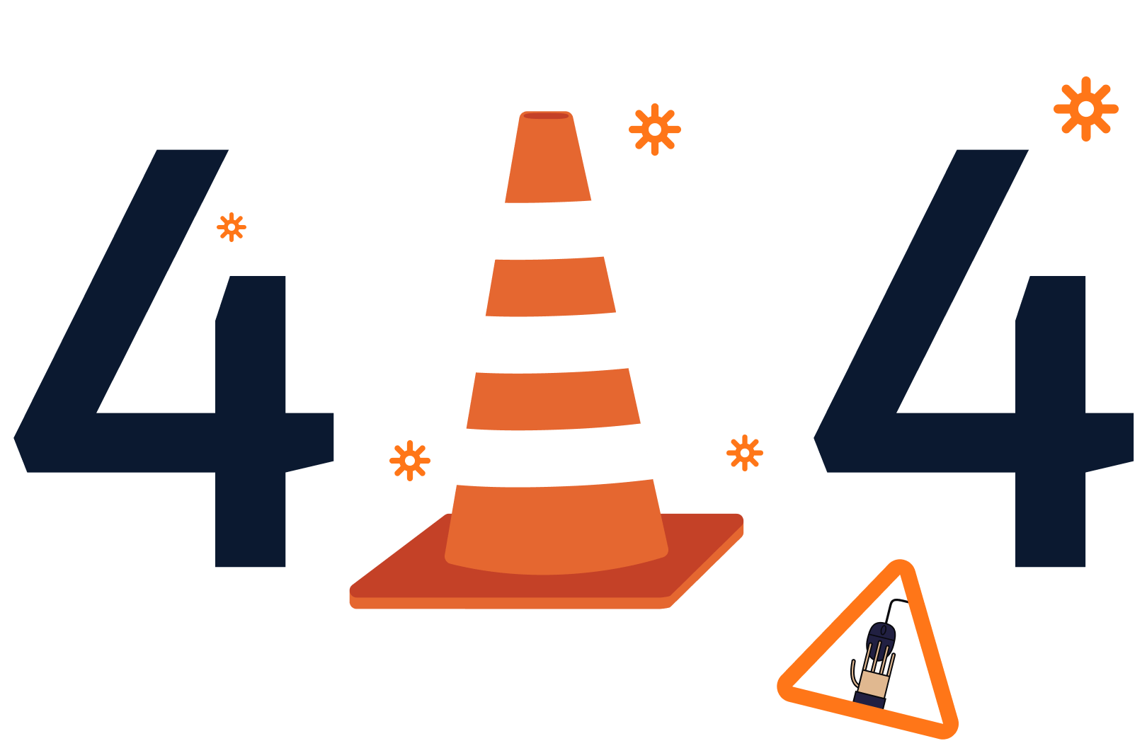 404-Fehlerseite mit Verkehrshütchen und Maussymbol