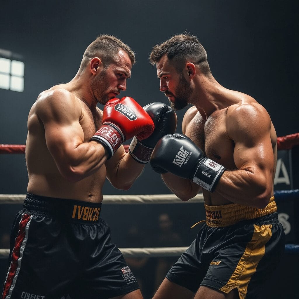 Zwei Boxer stehen sich im Boxring gegenüber, die Handschuhe erhoben, bereit zum Sparring. Verbessere die Arbeit mit der Pratzenarbeit.