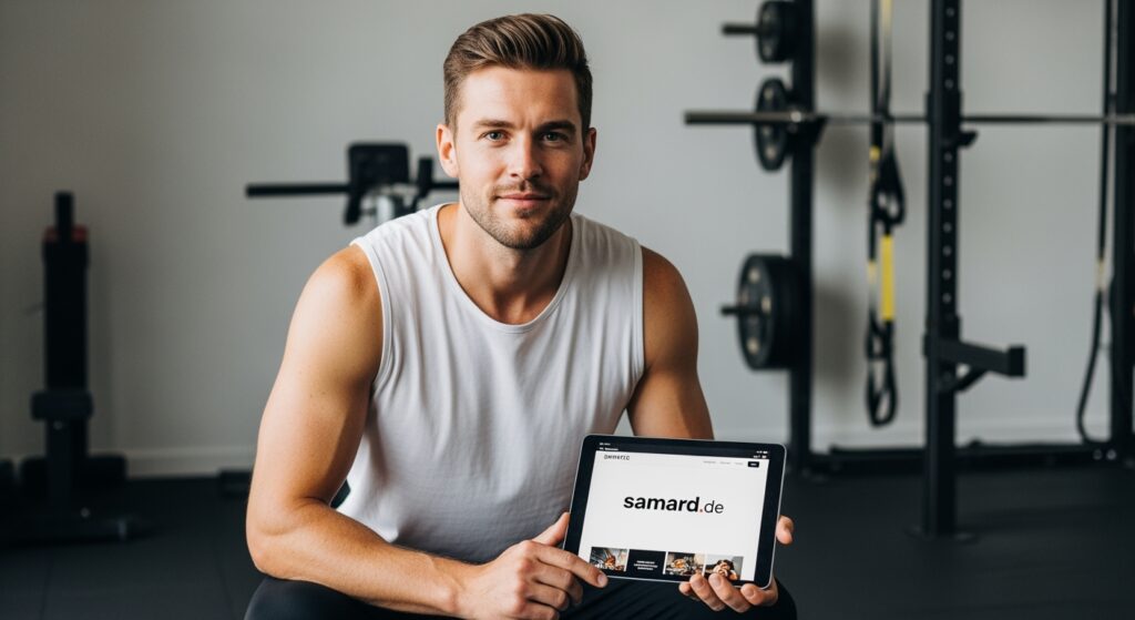 Mann hält Tablet mit der Website samard.de. Über uns.