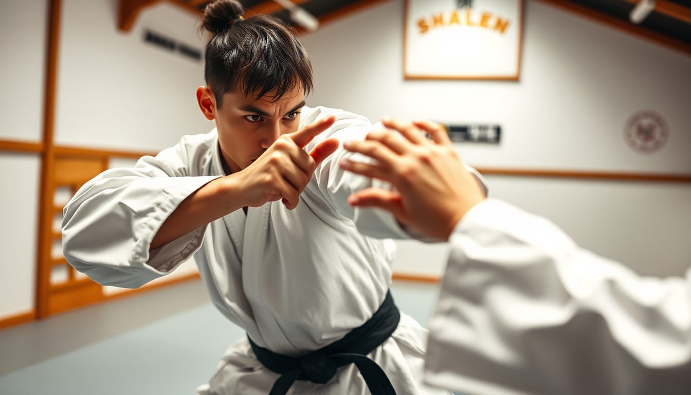  Close-up of focused martial artist practicing precise kicks in training dojo
