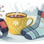 Fitness-Tracker, Tasse Tee und Socken für ein aktives Weihnachtsfest 2025. KE 115 wird angezeigt.