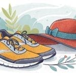 Gelbe Laufschuhe und ein roter Hut vor dekorativem Hintergrund. Sommerliche Accessoires.